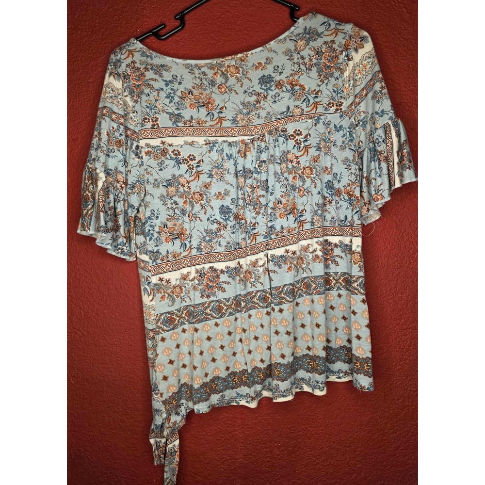 Floral Print Tie Front Top Bohemian Blouse Ruffle‎ Sleeve